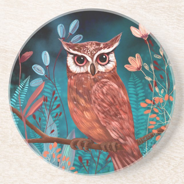 Dessous De Verre En Grès Vom Künstler handillustrierte Eule – Boho Natur (Devant)