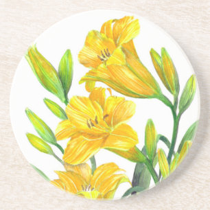 Dessous De Verre En Grès Watercolor Yellow Day Lilies Floral Art