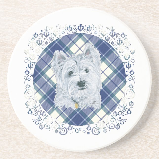 Dessous De Verre En Grès Westie sur Tartan (Devant)