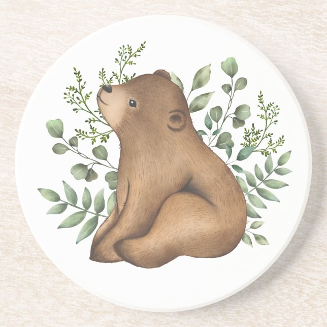 Dessous De Verre En Grès Whimsical Baby Bear Woodland Forest Greenery (Devant)