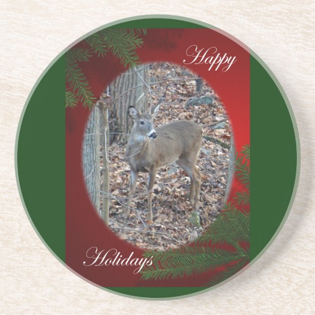 Dessous De Verre En Grès Whitetail Deer Spike Buck Joyeuses vacances (Devant)