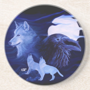 Dessous De Verre En Grès Wolf and Raven with full moon