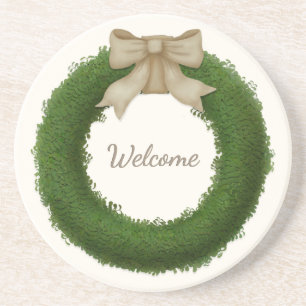 Dessous De Verre En Grès Wreath Boxwood avec Bow Nom ou salut personnalisé