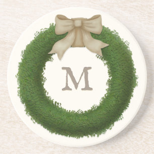 Dessous De Verre En Grès Wreath Boxwood Avec Bow Rustique Monogramme Person