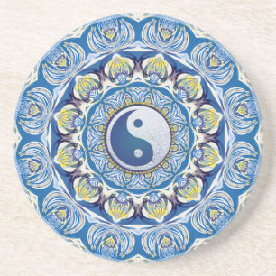 Dessous De Verre En Grès Yang Balance de Yang Vie Mandala jaune bleu 