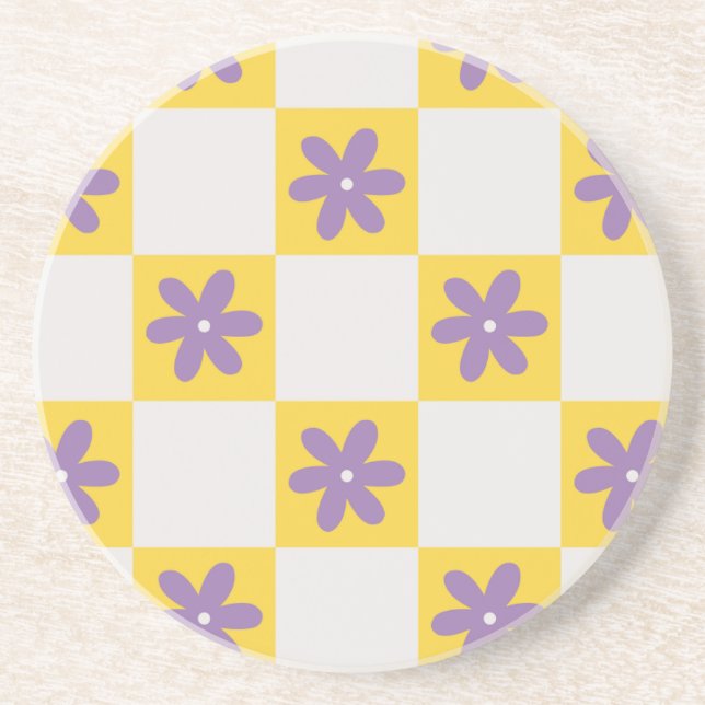 Dessous De Verre En Grès Yellow Checkerboard Floral Pattern – Purple Daisy  (Devant)