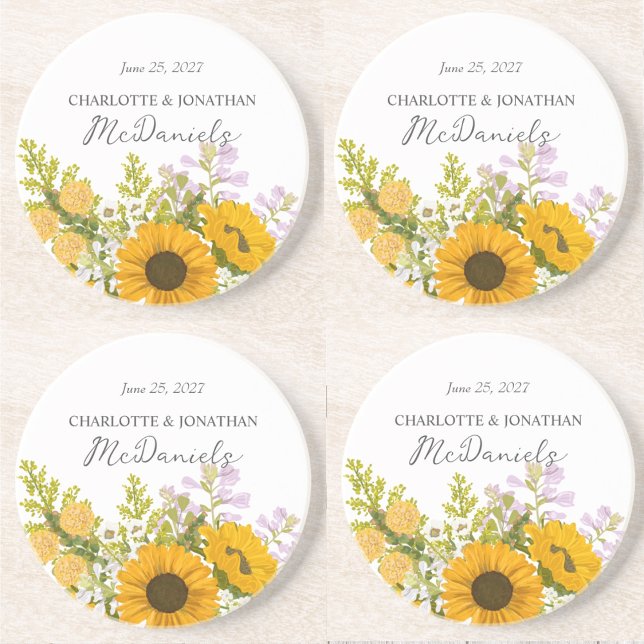 Dessous De Verre En Grès Yellow Modern Sunflowers Bouquet Wedding  (Créateur téléchargé)