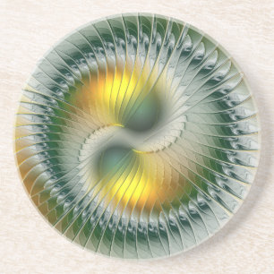 Dessous De Verre En Grès Yin Yang Vert Jaune Abstrait Fractal Coloré