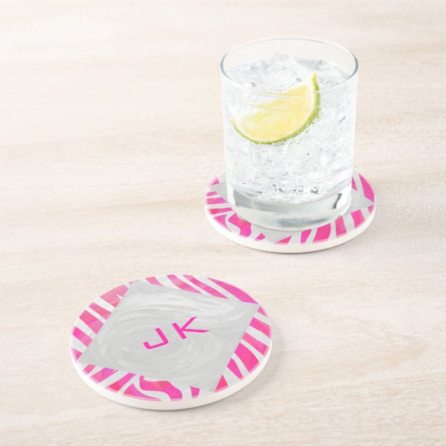 Dessous De Verre En Grès Zebra Hot rose et blanc avec Monogramme (Côté)