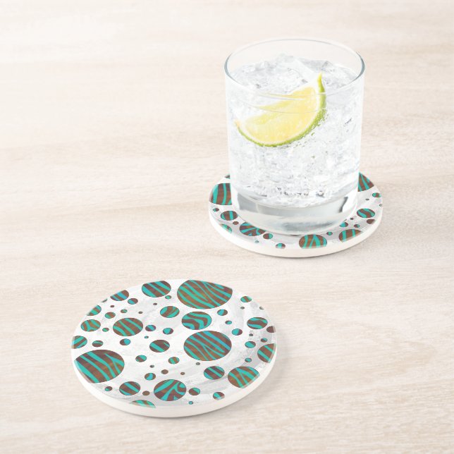 Dessous De Verre En Grès Zèbre à pois brun et sarcelle (Côté)
