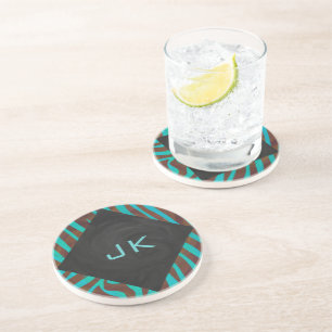 Dessous De Verre En Grès Zèbre Marron et sarcelle avec monogramme