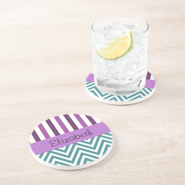 Dessous De Verre En Grès Zigzag Bleu, Chevron, Bandes Violettes, Votre Nom (Côté)