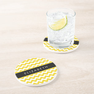 Dessous De Verre En Grès Zigzag Jaune, Chevron Jaune, Votre Nom