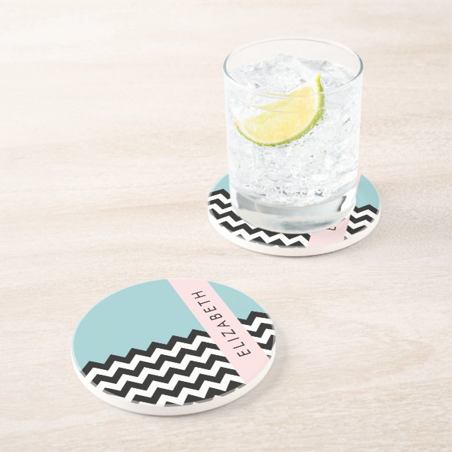 Dessous De Verre En Grès Zigzag noir et blanc, Chevron, Bleu, Votre nom (Côté)