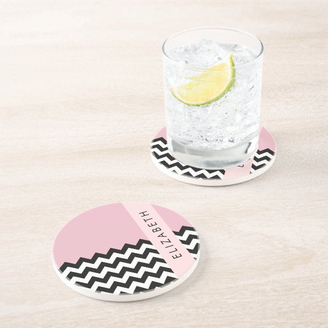 Dessous De Verre En Grès Zigzag noir et blanc, Chevron, rose, Votre nom (Côté)