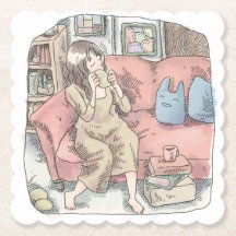 さなににじ　お部屋の中で真っ赤なソファに腰を掛けてまったりカップをすする女性のイラスト