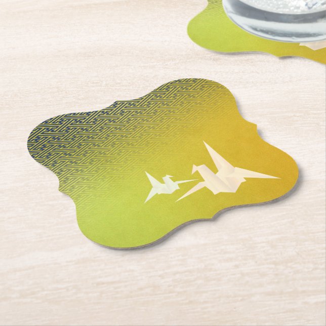 DESSOUS-DE-VERRE EN PAPIER 折鶴と紗綾形紋様（金地に紺青色）のペーパーコースター (Incliné)