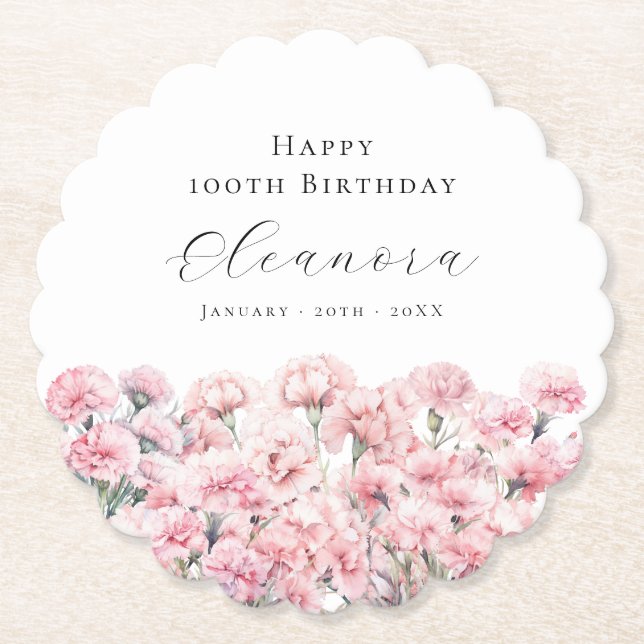 Dessous-de-verre En Papier 100th Birthday Pink Carnation January Birth Flower (Devant)