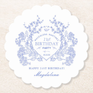 Dessous-de-verre En Papier 21e Anniversaire Français Blue Floral Crest Custom