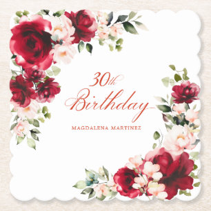 Dessous-de-verre En Papier 30e fête d'anniversaire Rouge rose Floral Custom