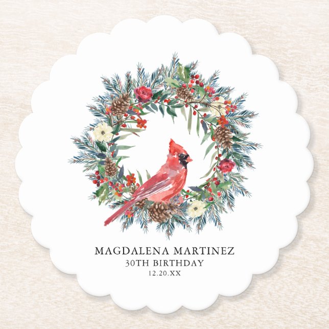 Dessous-de-verre En Papier 30th Birthday Party Red Cardinal Wreath Custom (Devant)