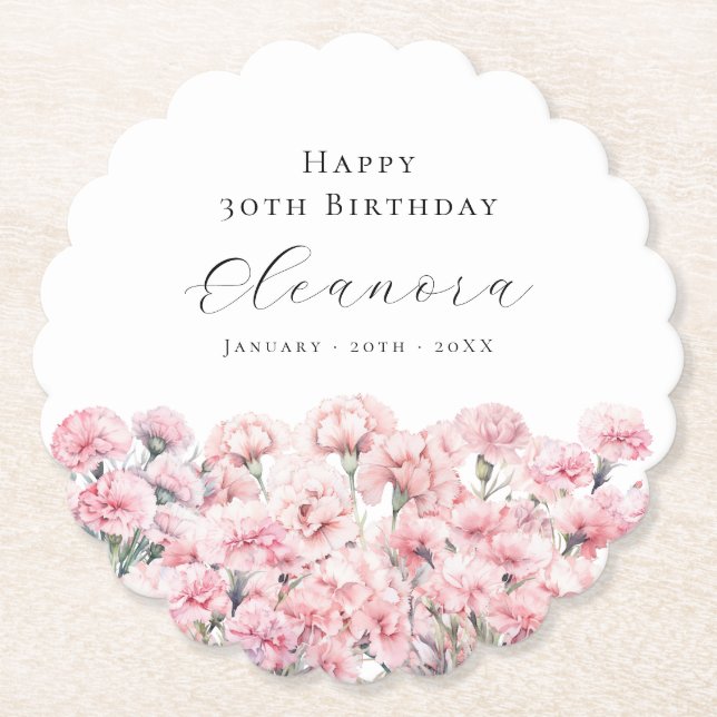 Dessous-de-verre En Papier 30th Birthday Pink Carnation January Birth Flower (Devant)
