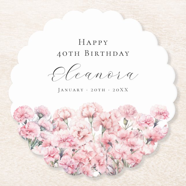 Dessous-de-verre En Papier 40th Birthday Pink Carnation January Birth Flower (Devant)
