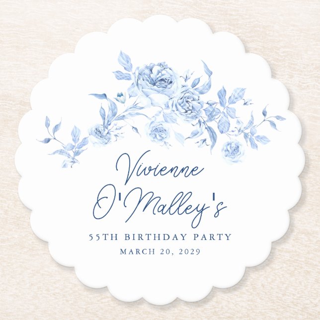 Dessous-de-verre En Papier 55th Birthday Party Blue Rose Floral Custom (Devant)