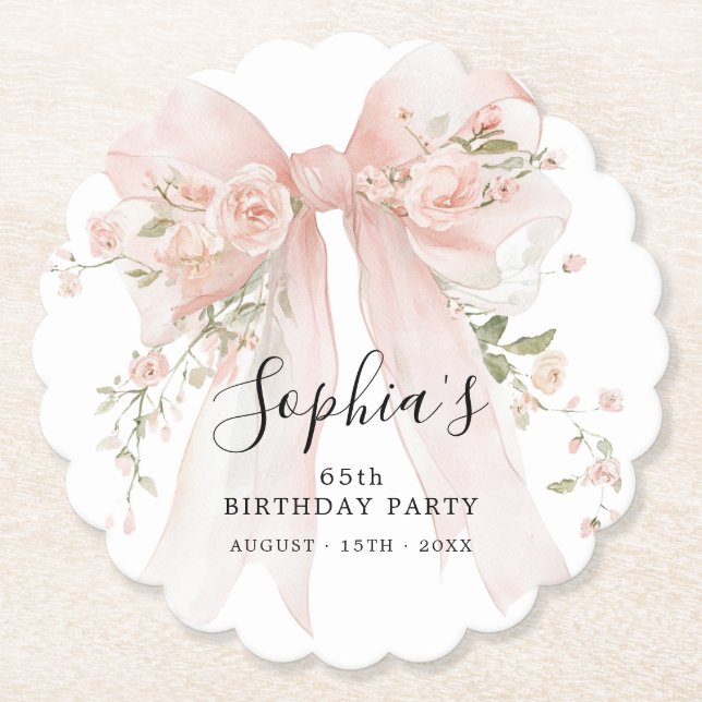 Dessous-de-verre En Papier 65th Birthday Party Pink Bow with Roses (Devant)