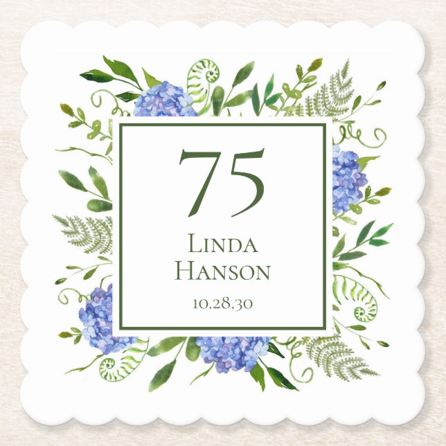 Dessous-de-verre En Papier 75e anniversaire Blue Hydrangeas (Devant)