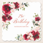 Dessous-de-verre En Papier 75e fête d'anniversaire Rouge rose floral personna<br><div class="desc">De jolies roses rouges et des pivoines roses rousses ornent ce dessous de verre de papier sur mesure de 75e anniversaire. Deux jolies compositions florales décorent deux coins. Une calligraphie élégante annonce le 75ème anniversaire, et le nom du célébrant d'anniversaire est ci-dessous. Cet article fait partie de la collection Red...</div>
