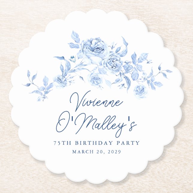Dessous-de-verre En Papier 75th Birthday Party Blue Rose Floral Custom (Devant)