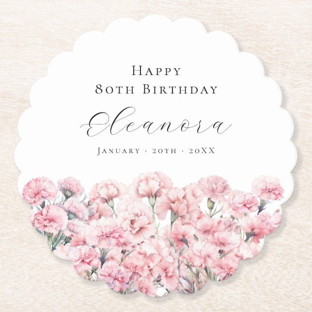 Dessous-de-verre En Papier 80th Birthday Pink Carnation January Birth Flower (Devant)