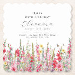 Dessous-de-verre En Papier 85e anniversaire août Fleur de naissance personnal<br><div class="desc">Décor de table parfait pour un anniversaire d'août. Le gladiolus rose est la fleur de naissance pour ce mois-là. Il forme une jolie bordure de fond d'aquarelle sur ce dessous de verre floral personnalisé. Le nom, l'âge et la date de naissance de l'invité d'honneur sont placés au-dessus de celui-ci à...</div>