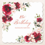Dessous-de-verre En Papier 85e fête d'anniversaire Rouge rose floral personna<br><div class="desc">De jolies roses rouges et des pivoines roses rousses ornent ce dessous de verre de papier sur mesure de 85e anniversaire. Deux jolies compositions florales décorent deux coins. Une calligraphie élégante annonce le 85ème anniversaire, et le nom du célébrant d'anniversaire est ci-dessous. Cet article fait partie de la collection Red...</div>