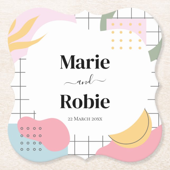 Dessous-de-verre En Papier Abstrait coloré Memphis Mariage (Devant)