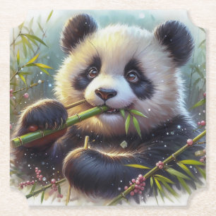 Dessous-de-verre En Papier Adorable Ours De Panda Mangeant Bambou
