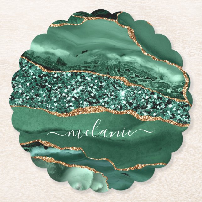 Dessous-de-verre En Papier Agate Green Gold Parties scintillant Geode Marbre  (Devant)