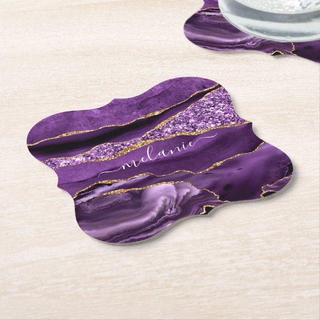 Dessous-de-verre En Papier Agate Violet violet or Parties scintillant Géode N (Incliné)