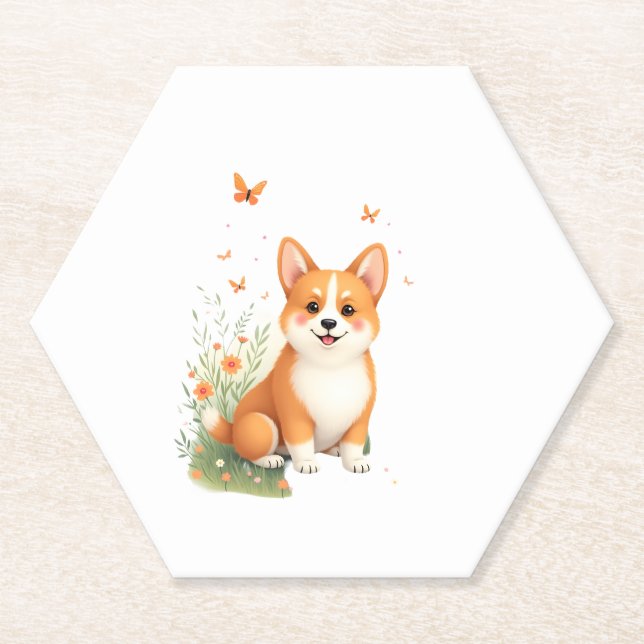 Dessous-de-verre En Papier Akita Chien avec Fleur et T-shirt Papillon (Devant)