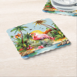Dessous-de-verre En Papier Amoureux des flamants roses mignons de la plage