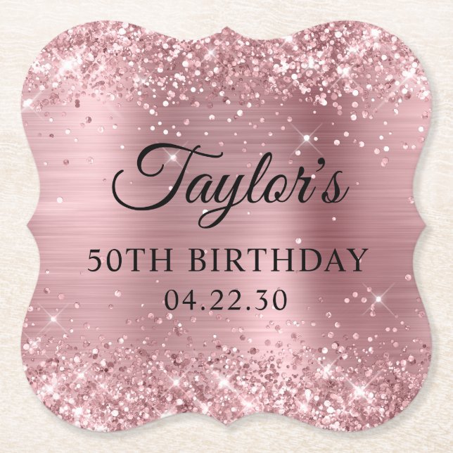 Dessous-de-verre En Papier Anniversaire de 50 ans en paillettes rose clair (Devant)