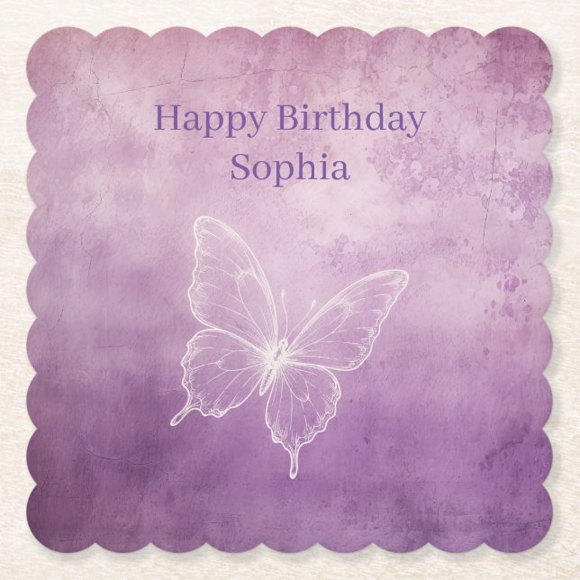 Dessous-de-verre En Papier Anniversaire Papillon Blanc Violet (Devant)