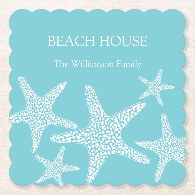 Dessous-de-verre En Papier Aqua Blue Starfish Coastal Beach House Famille (Devant)