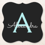Dessous-de-verre En Papier Aqua Teal Blue Script Girly Monogram<br><div class="desc">Black and Aqua Turquoise Bleu Simple Script Monogramme Nom Dessous de verre en papier. Cela fait le cadeau parfait de remise de diplômes,  anniversaire,  mariage,  douche nuptiale,  anniversaire,  baby shower ou bachelorette pour quelqu'un qui aime le luxe glam et les styles chic.</div>