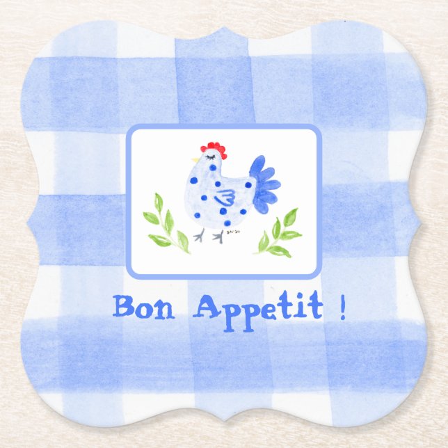 Dessous-de-verre En Papier Aquarelle bleu Hen Check Bon Appetit Set de table (Devant)