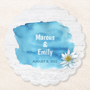 Dessous-de-verre En Papier aquarelle bleue sur bois blanc