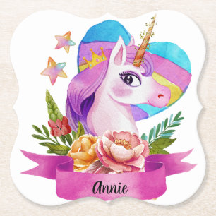 Dessous-de-verre En Papier Aquarelle Cute Unicorn Coeur Nom personnalisé