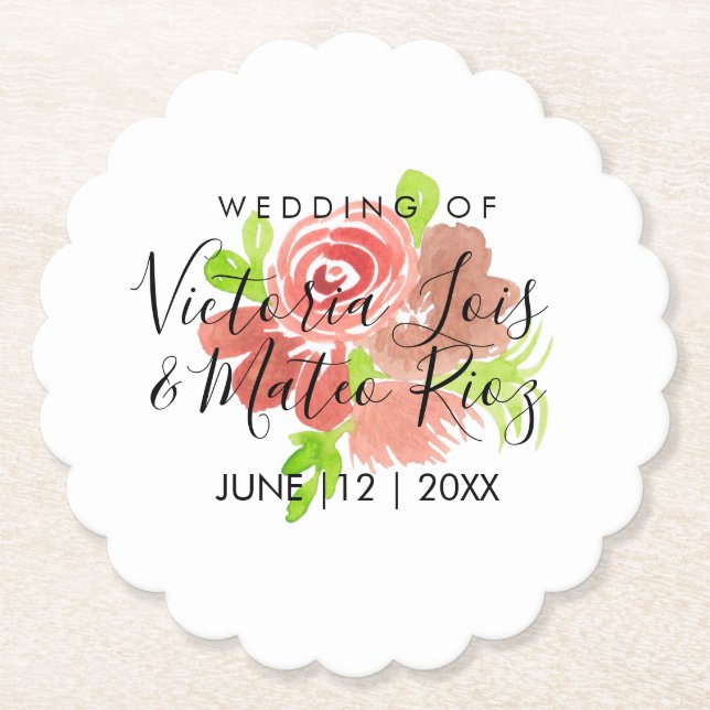 Dessous-de-verre En Papier Aquarelle Floral rose Beige Blush Mariage (Devant)