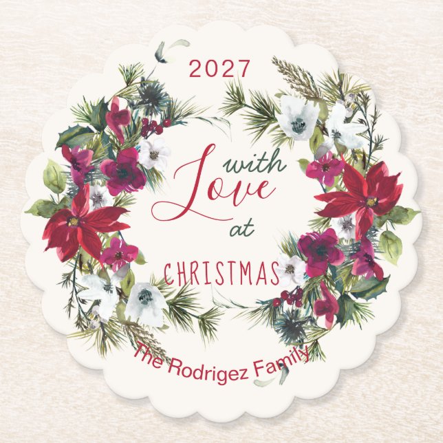 Dessous-de-verre En Papier Aquarelle Poinsettia, sainte, fête de Noël de pin (Devant)